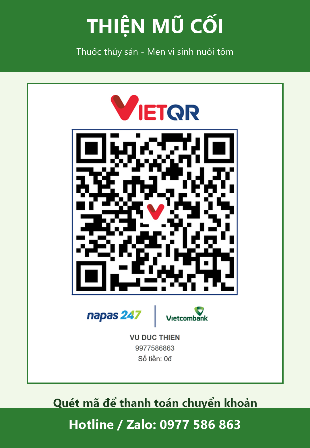 Mã QR thanh toán chuyển khoản Vietcombank 9977586863 - Thiện Mũ Cối