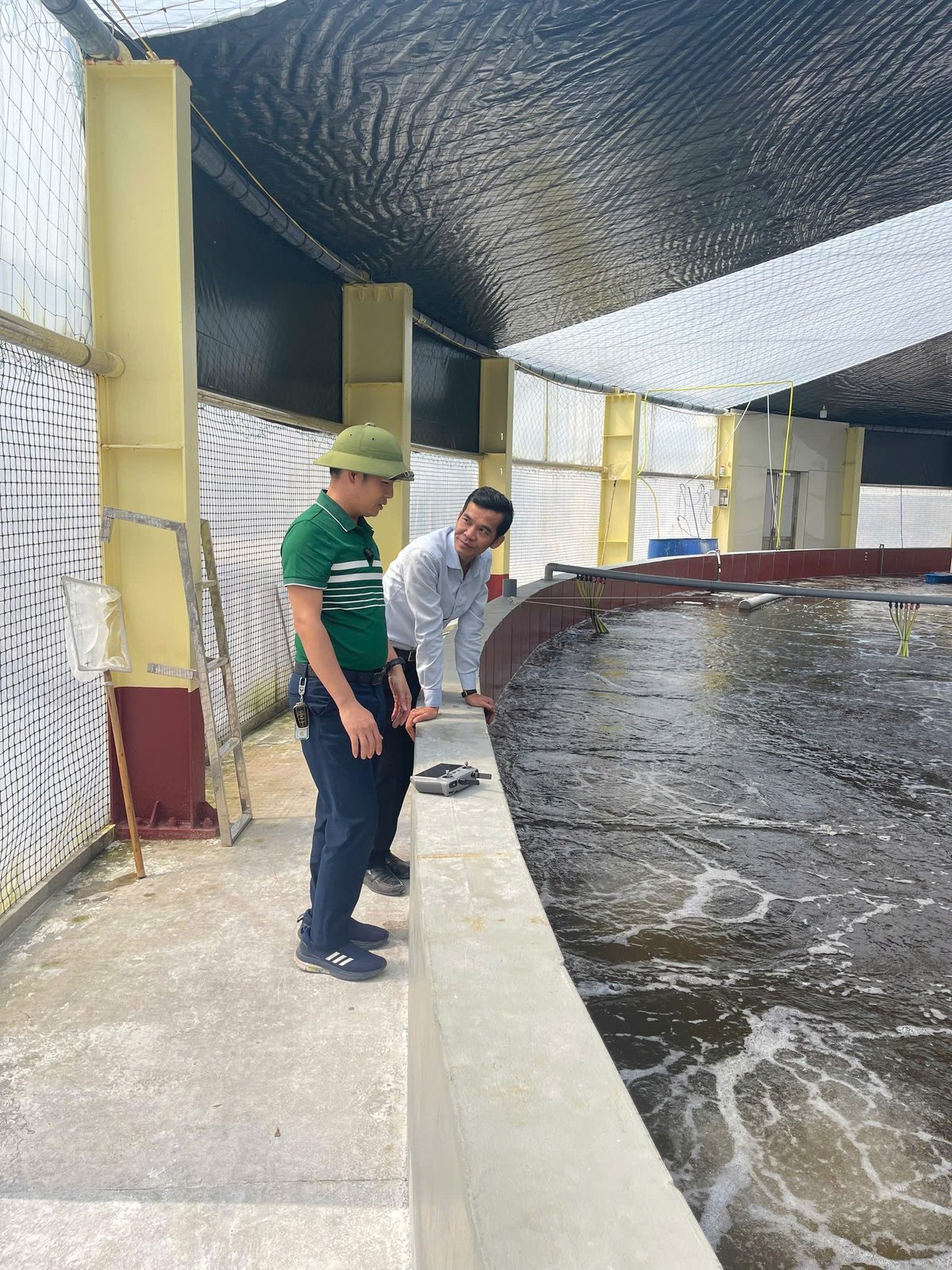 Thiện Mũ Cối tư vấn các loại vôi trong nuôi tôm cho chủ trại bên ao nuôi