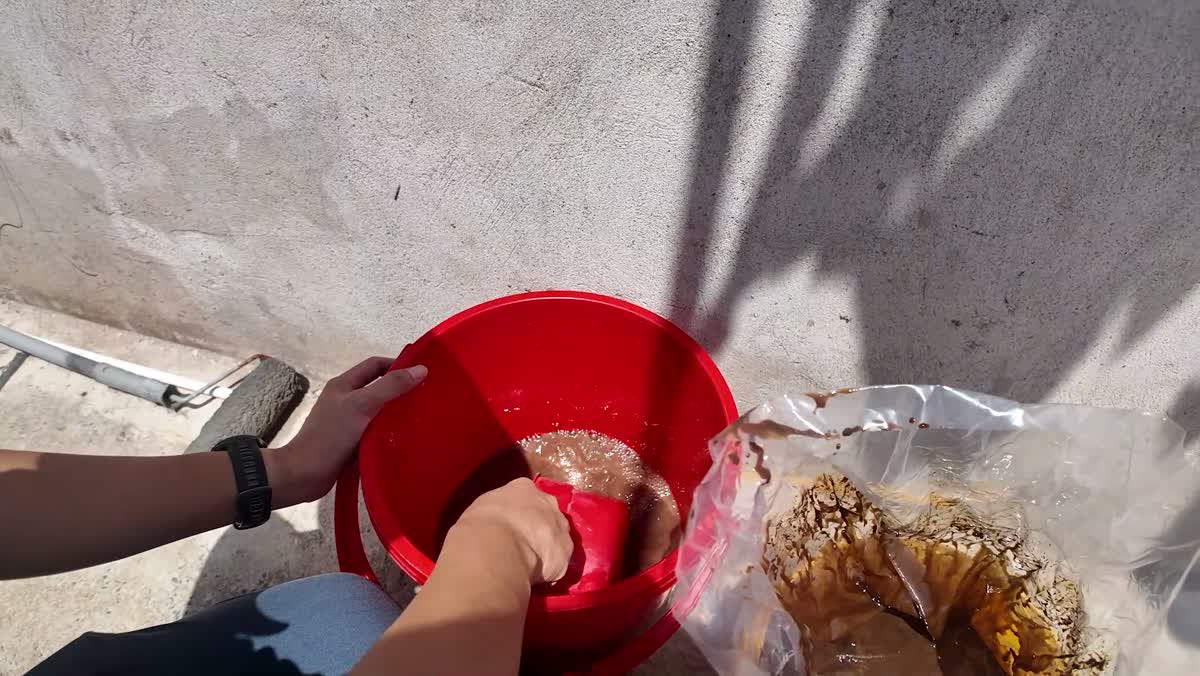 Pha men vi sinh vào xô nước trước khi tạt xuống ao tôm bị nhớt
